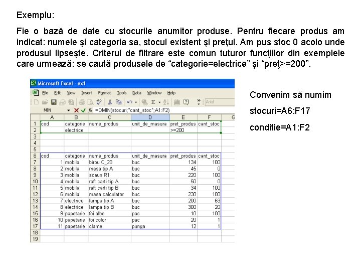 Exemplu: Fie o bază de date cu stocurile anumitor produse. Pentru fiecare produs am