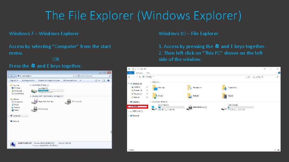 The File Explorer (Windows Explorer) Windows 7 – Windows Explorer Windows 10 – File