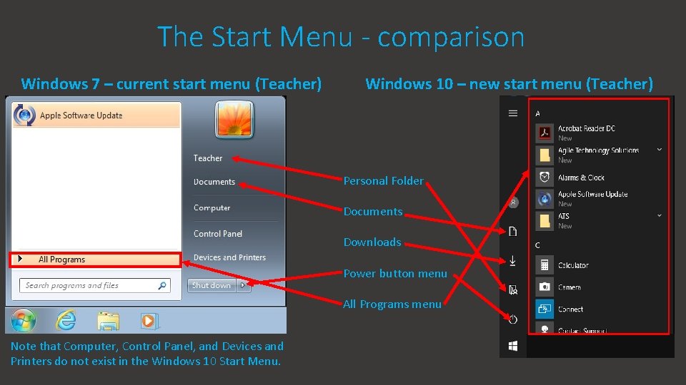 The Start Menu - comparison Windows 7 – current start menu (Teacher) Windows 10
