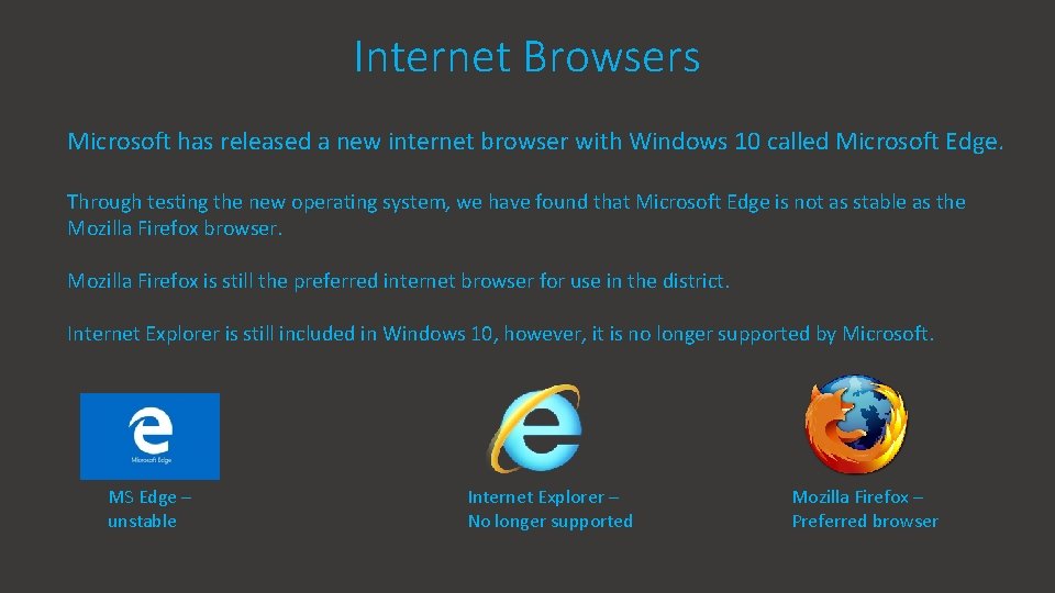 Internet Browsers Microsoft has released a new internet browser with Windows 10 called Microsoft