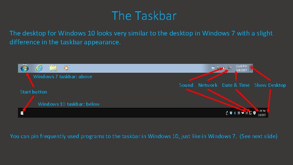 The Taskbar The desktop for Windows 10 looks very similar to the desktop in