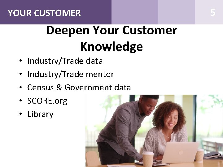 YOUR CUSTOMER Deepen Your Customer Knowledge • • • Industry/Trade data Industry/Trade mentor Census