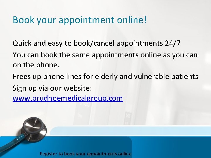 Book your appointment online! Quick and easy to book/cancel appointments 24/7 You can book