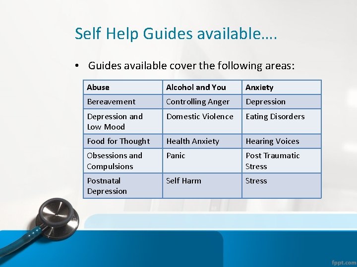 Self Help Guides available…. • Guides available cover the following areas: Abuse Alcohol and
