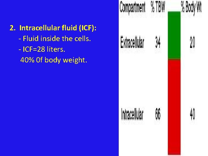  2. Intracellular fluid (ICF): - Fluid inside the cells. - ICF=28 liters. 40%