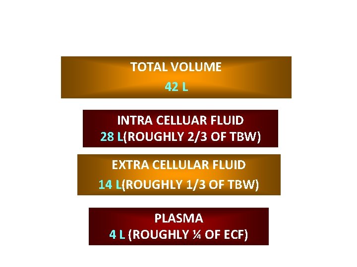 VOLUME OF BODY FLUIDS IN 70 kg MAN TOTAL VOLUME 42 L INTRA CELLUAR