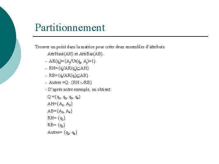 Partitionnement Trouver un point dans la matrice pour créer deux ensembles d’attributs: Attr. Haut(AH)