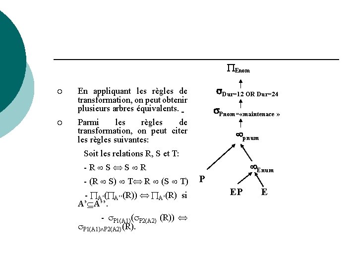  Enom ¡ ¡ Dur=12 OR Dur=24 En appliquant les règles de transformation, on