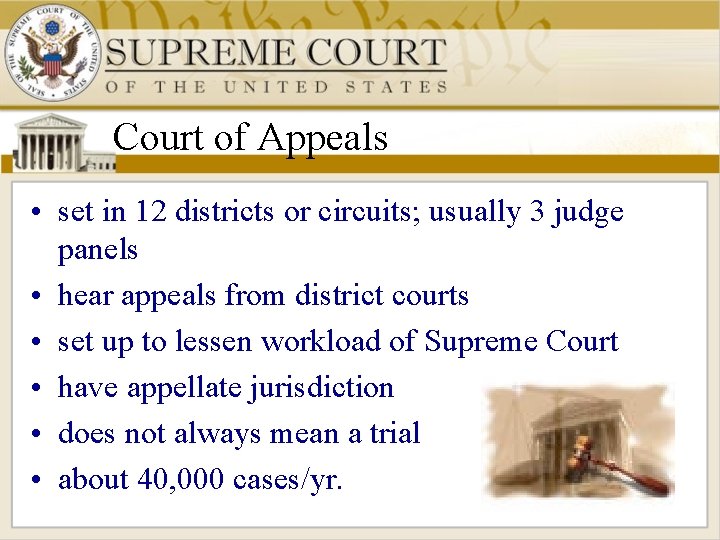 Court of Appeals • set in 12 districts or circuits; usually 3 judge panels