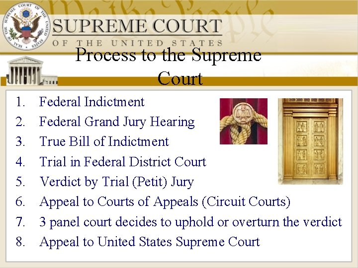 Process to the Supreme Court 1. 2. 3. 4. 5. 6. 7. 8. Federal