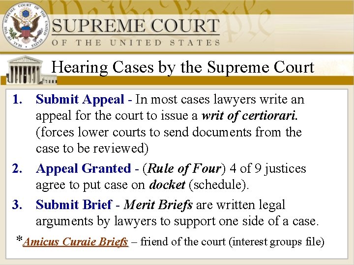 Hearing Cases by the Supreme Court 1. Submit Appeal - In most cases lawyers