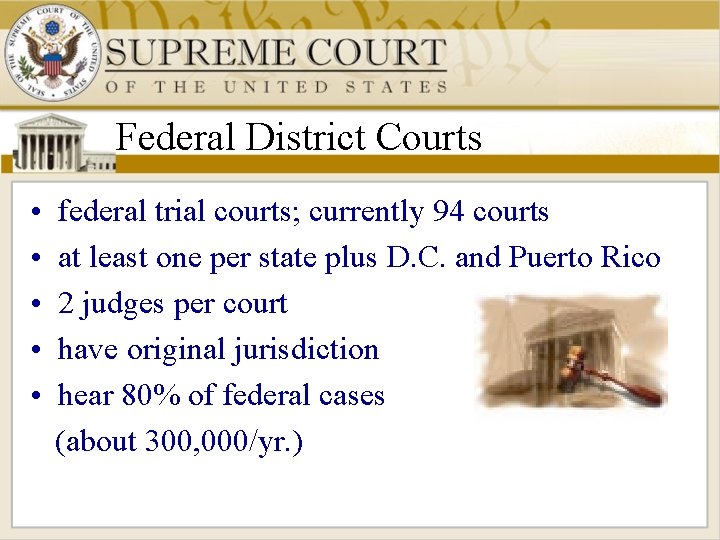 Federal District Courts • • • federal trial courts; currently 94 courts at least