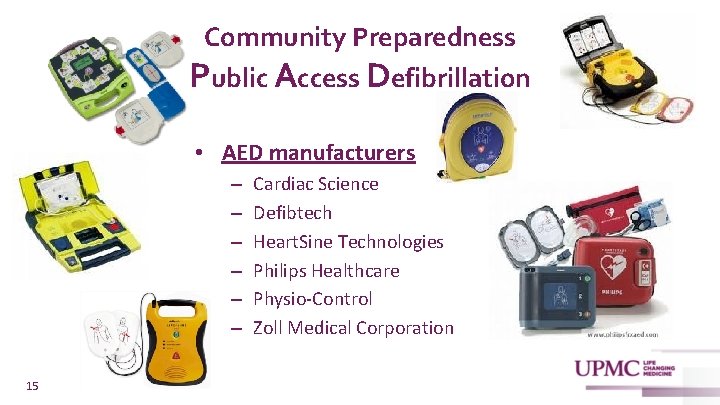 Community Preparedness Public Access Defibrillation • AED manufacturers – – – 15 Cardiac Science