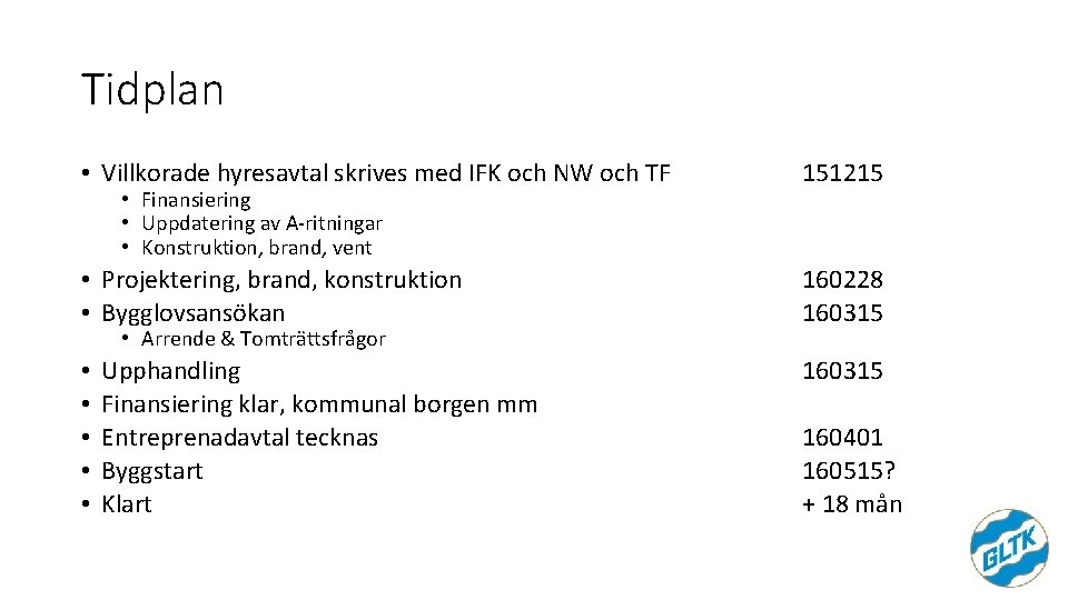 Tidplan • Villkorade hyresavtal skrives med IFK och NW och TF 151215 • Projektering,