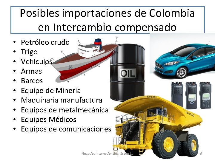 Posibles importaciones de Colombia en Intercambio compensado • • • Petróleo crudo Trigo Vehículos
