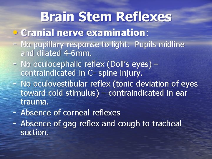 Brain Stem Reflexes • Cranial nerve examination: - No pupillary response to light. Pupils