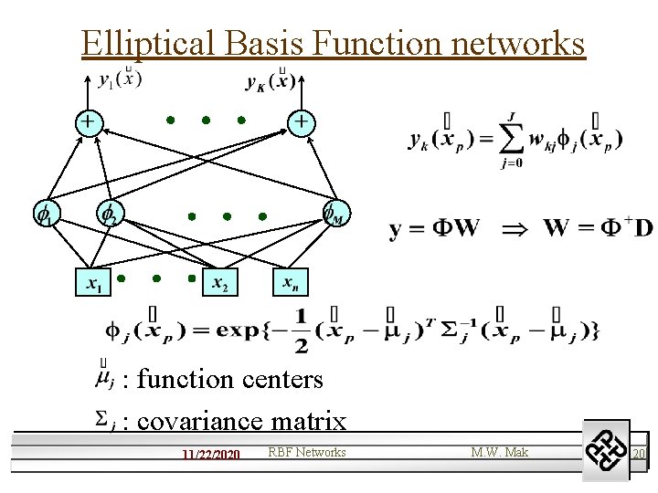 Elliptical Basis Function networks : function centers : covariance matrix 11/22/2020 RBF Networks M.