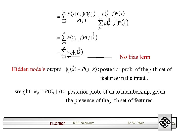No bias term Hidden node’s output posterior prob. of the j-th set of features