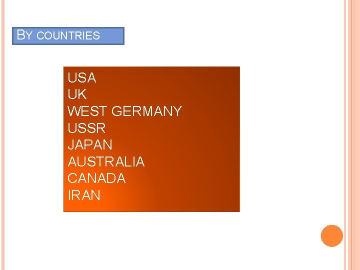 BY COUNTRIES USA UK WEST GERMANY USSR JAPAN AUSTRALIA CANADA IRAN 