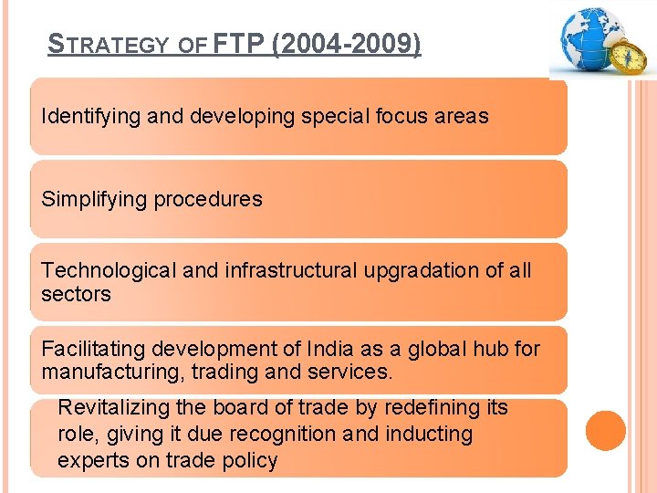 STRATEGY OF FTP (2004 -2009) Identifying and developing special focus areas Simplifying procedures Technological