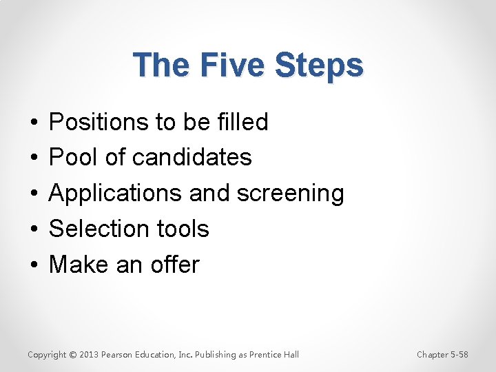 The Five Steps • • • Positions to be filled Pool of candidates Applications
