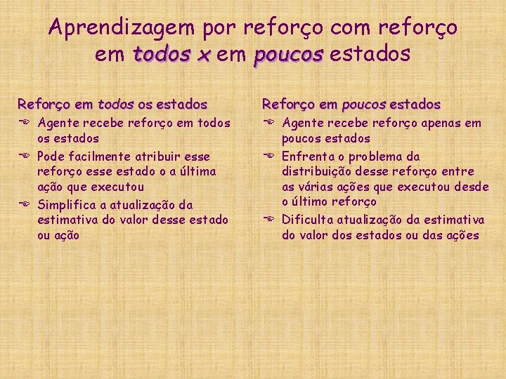 Aprendizagem por reforço com reforço em todos x em poucos estados Reforço em todos