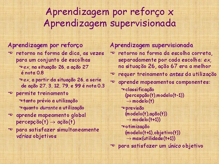 Aprendizagem por reforço x Aprendizagem supervisionada Aprendizagem por reforço E retorno na forma de