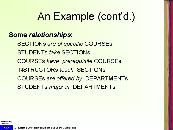 An Example (cont'd. ) Some relationships: SECTIONs are of specific COURSEs STUDENTs take SECTIONs