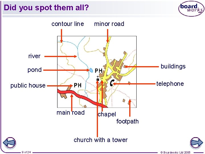 Did you spot them all? contour line minor road river buildings pond telephone public