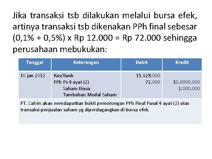 Jika transaksi tsb dilakukan melalui bursa efek, artinya transaksi tsb dikenakan PPh final sebesar