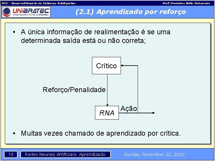 DSI – Desenvolvimento de Sistemas Inteligentes Prof. Frederico Brito Fernandes (2. 1) Aprendizado por