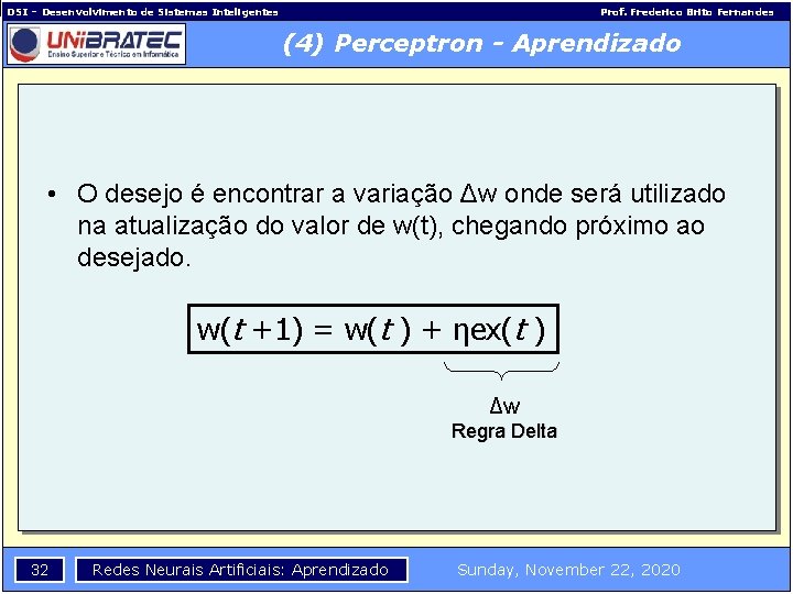 DSI – Desenvolvimento de Sistemas Inteligentes Prof. Frederico Brito Fernandes (4) Perceptron - Aprendizado