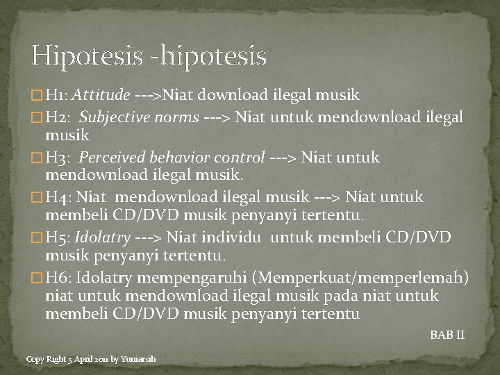 Hipotesis -hipotesis � H 1: Attitude --->Niat download ilegal musik � H 2: Subjective