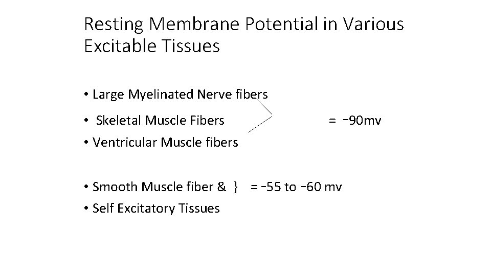 Resting Membrane Potential in Various Excitable Tissues • Large Myelinated Nerve fibers • Skeletal