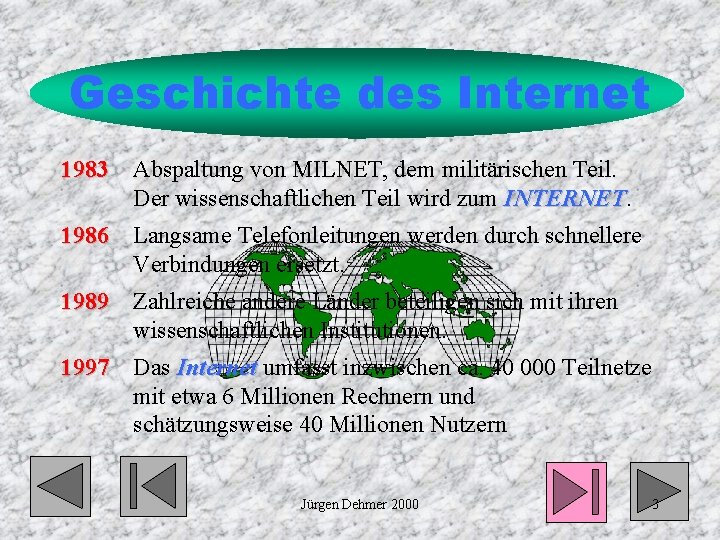 Geschichte des Internet 1983 Abspaltung von MILNET, dem militärischen Teil. Der wissenschaftlichen Teil wird