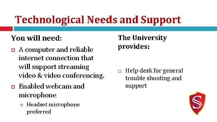 Technological Needs and Support You will need: A computer and reliable internet connection that