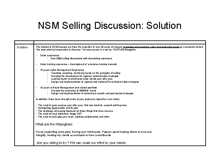 NSM Selling Discussion: Solution The solution is NSM because we have the expertise of