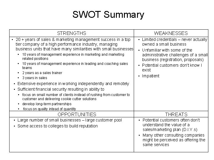  SWOT Summary STRENGTHS • 20 + years of sales & marketing management success