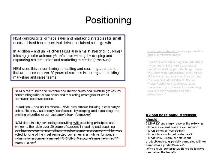 Positioning NSM constructs tailormade sales and marketing strategies for small nonfranchised businesses that deliver