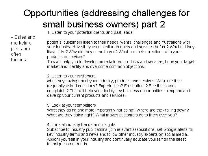  Opportunities (addressing challenges for small business owners) part 2 - Sales and marketing