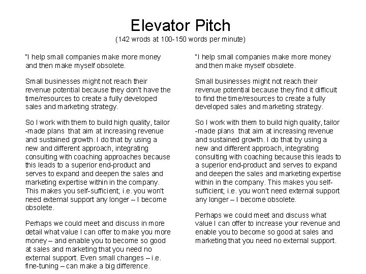 Elevator Pitch (142 wrods at 100 -150 words per minute) “I help small companies