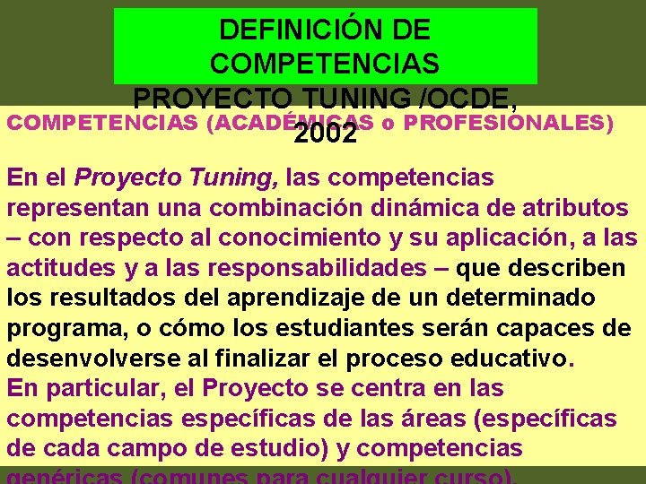 DEFINICIÓN DE COMPETENCIAS PROYECTO TUNING /OCDE, COMPETENCIAS (ACADÉMICAS o PROFESIONALES) 2002 En el Proyecto