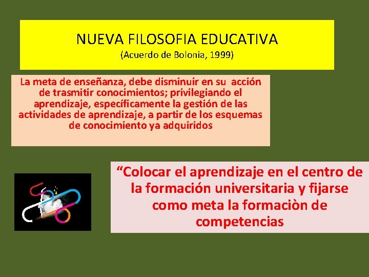 NUEVA FILOSOFIA EDUCATIVA (Acuerdo de Bolonia, 1999) La meta de enseñanza, debe disminuir en