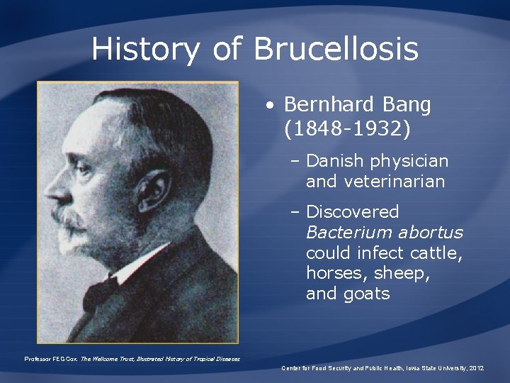 History of Brucellosis • Bernhard Bang (1848 -1932) – Danish physician and veterinarian –