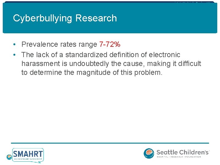 Cyberbullying Research • Prevalence rates range 7 -72% • The lack of a standardized