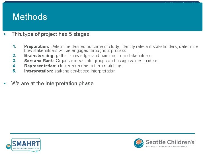 Methods • This type of project has 5 stages: 1. 2. 3. 4. 5.