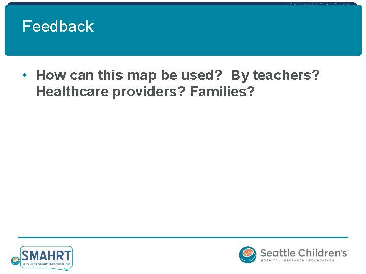 Feedback • How can this map be used? By teachers? Healthcare providers? Families? 