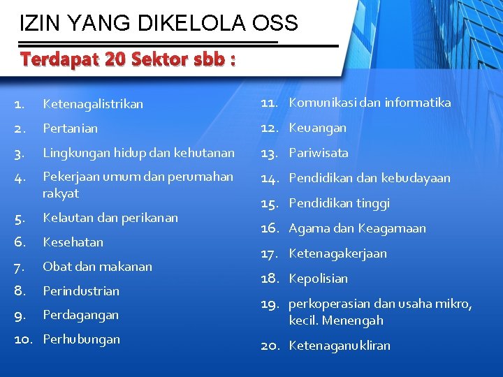 IZIN YANG DIKELOLA OSS Terdapat 20 Sektor sbb : 1. Ketenagalistrikan 11. Komunikasi dan