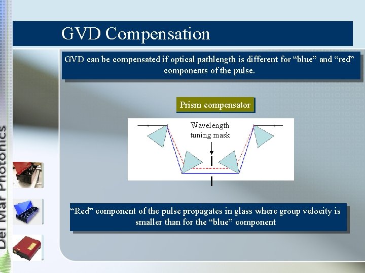 GVD Compensation GVD can be compensated if optical pathlength is different for “blue” and