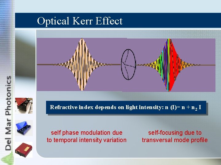 Optical Kerr Effect Refractive index depends on light intensity: n (I)= n + n